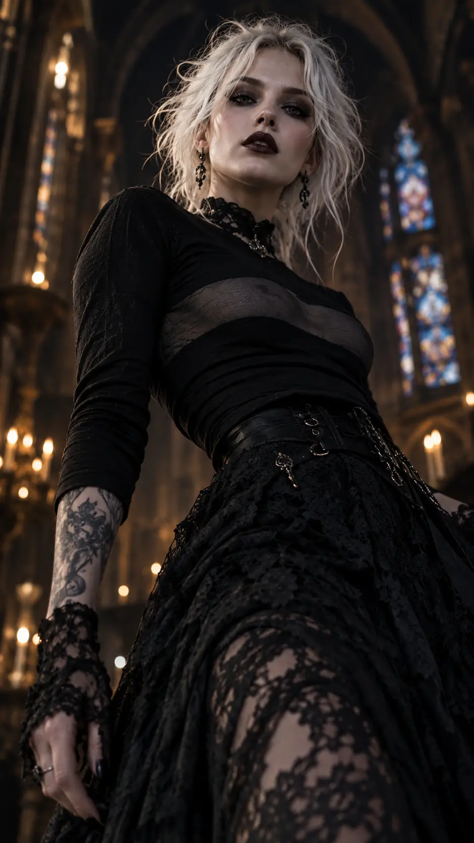 Gothic woman in dark lace within a shadowy church