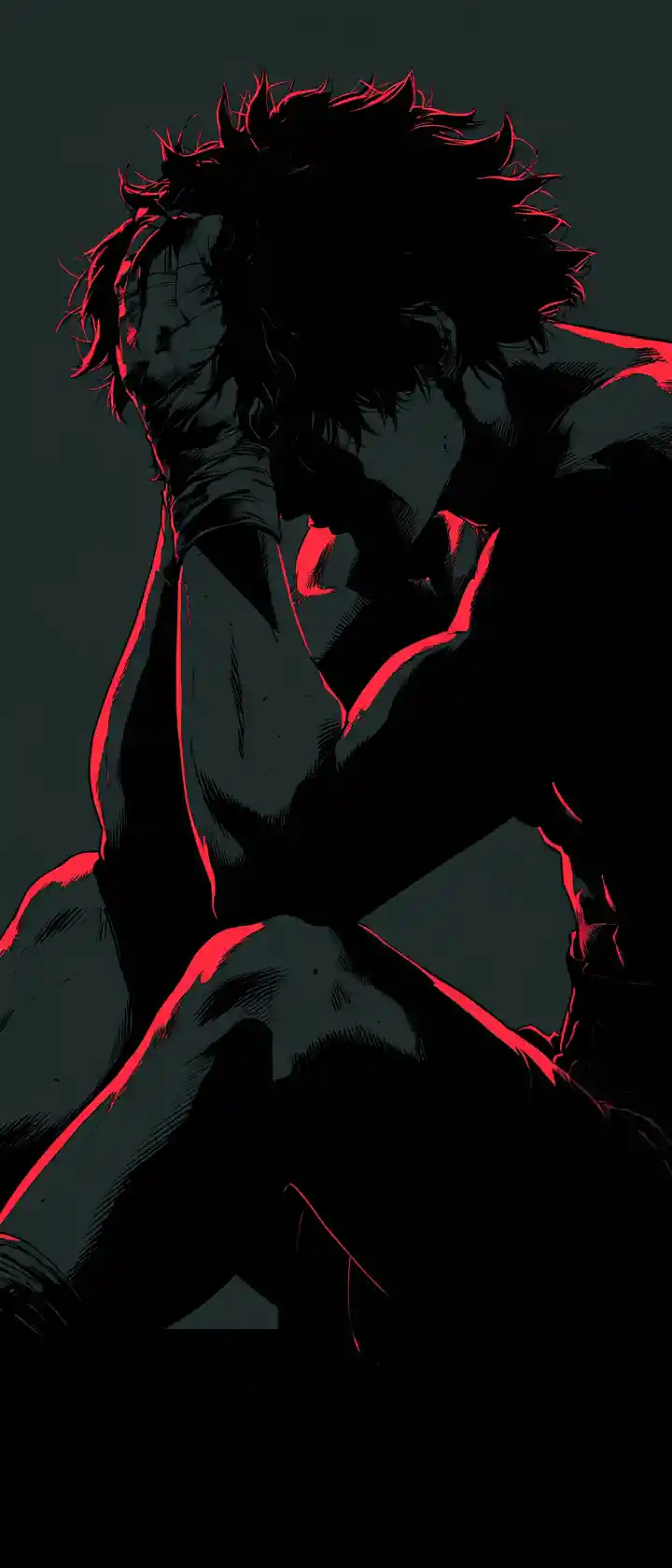 Somber anime boxer in isolation with crimson rim light