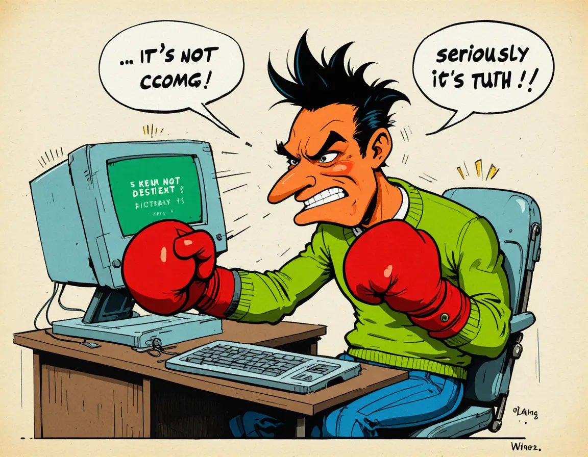 Cartoon character with boxing gloves struggles at computer