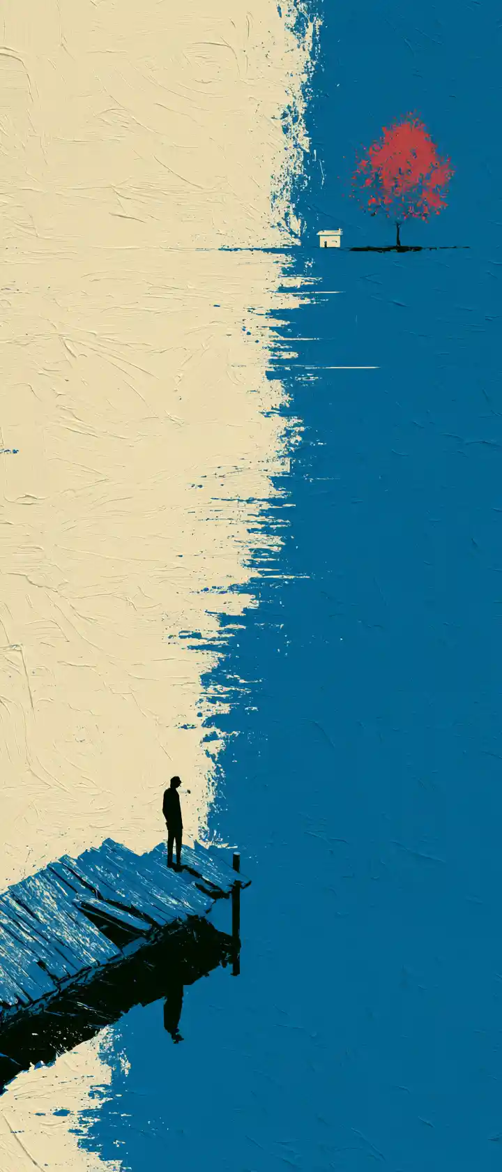 Solitary figure on a broken bridge above a reflective sea