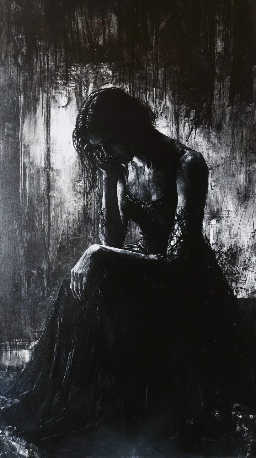 Impasto painting of a dark woman in heavy shadow