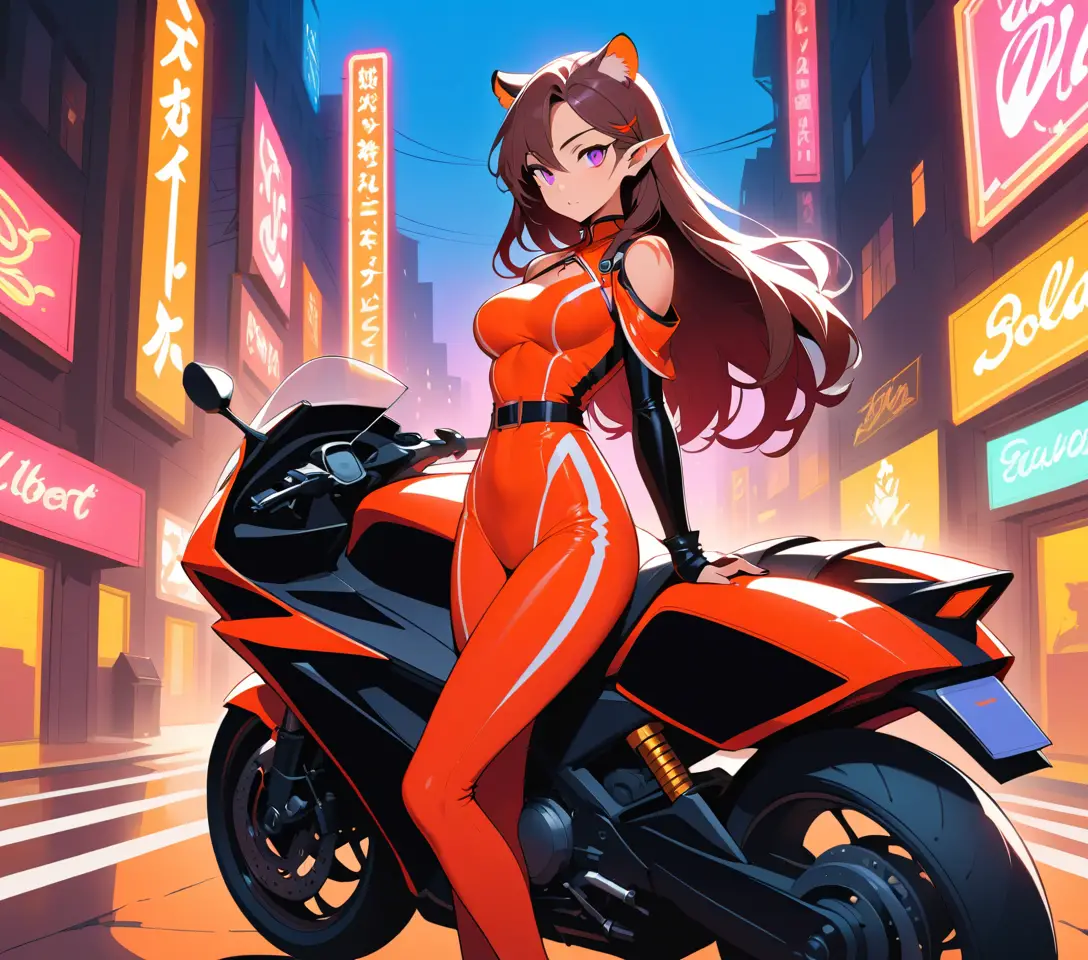 Tigress woman with motorcycle on winding roadside