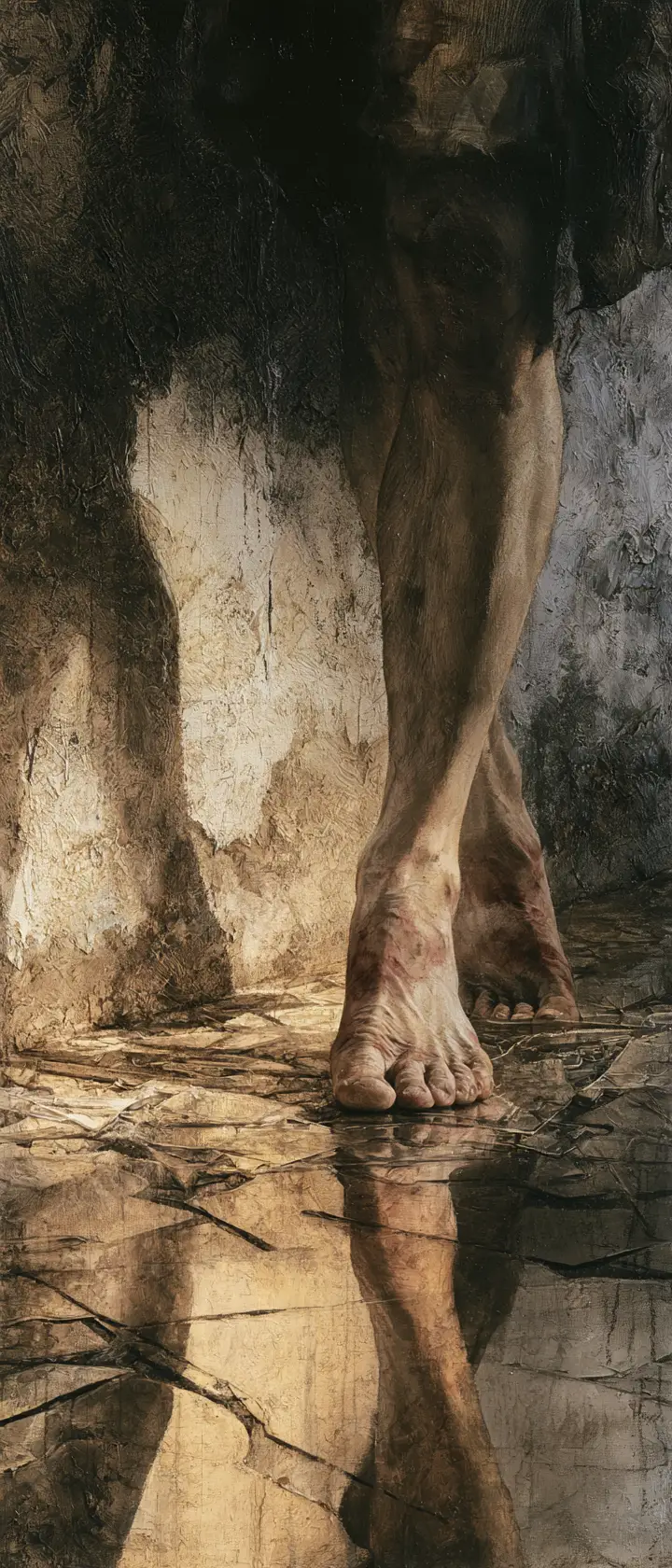Bruised bare feet walking over sharp broken glass