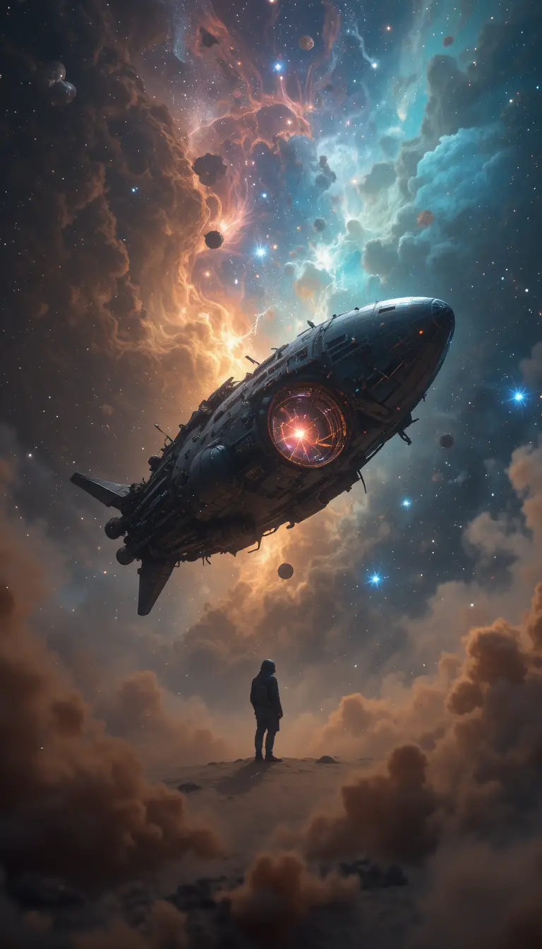 Lone spaceship drifts through a glowing cosmic nebula