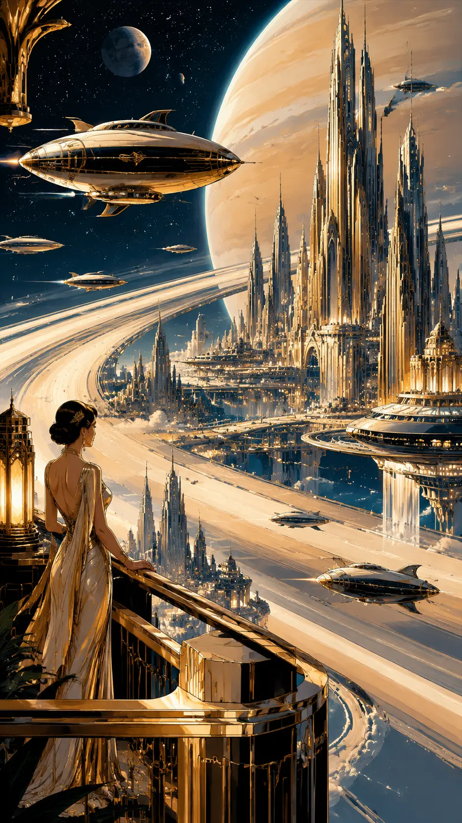 Art Deco city rising from the glowing rings of Saturn