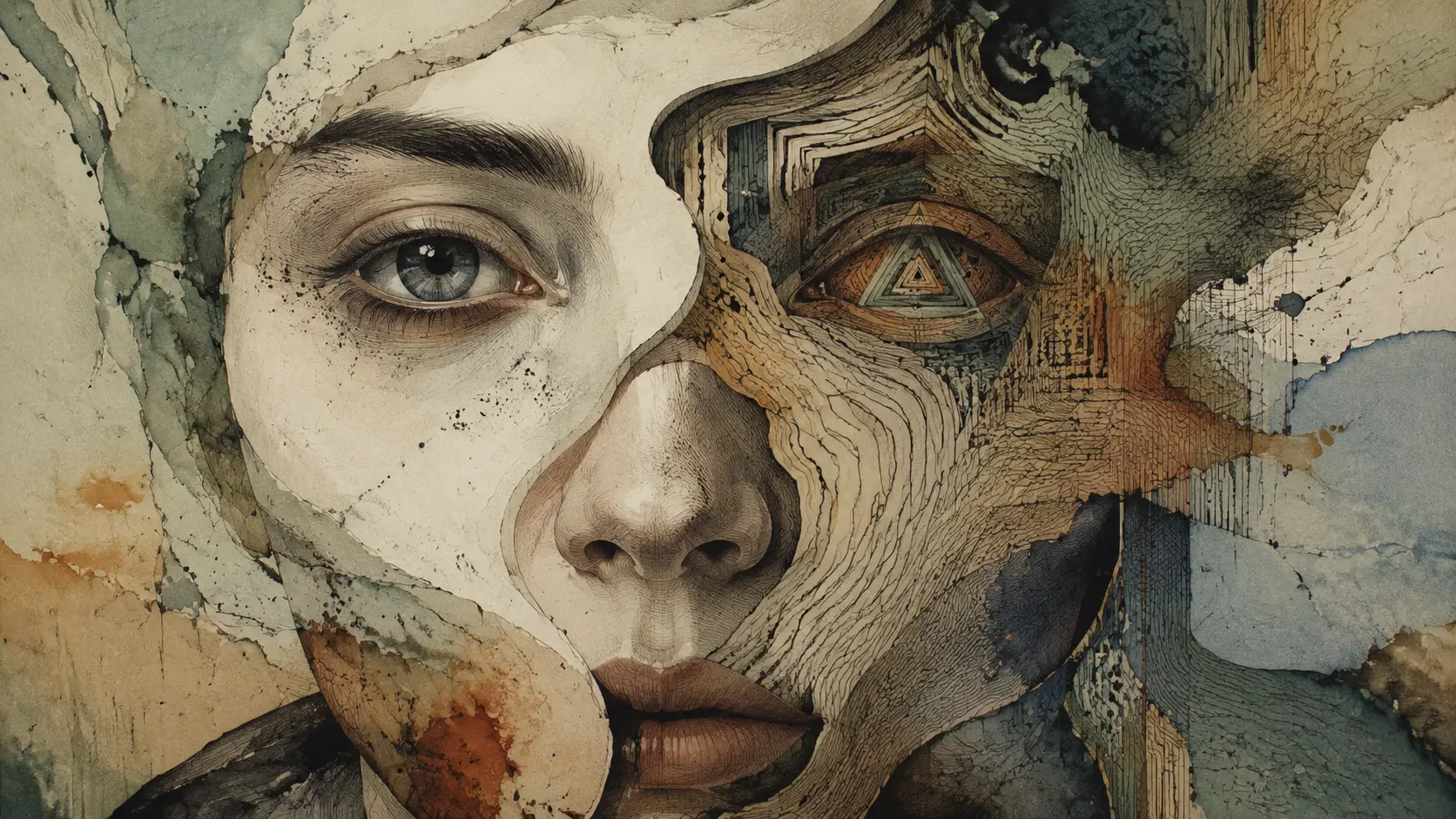Surreal close up portrait of a double layered human face