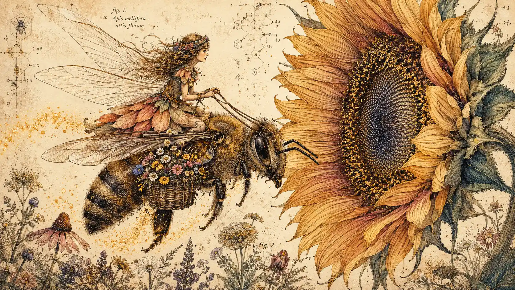 Minuscola fata che cavalca un’enorme ape verso un girasole