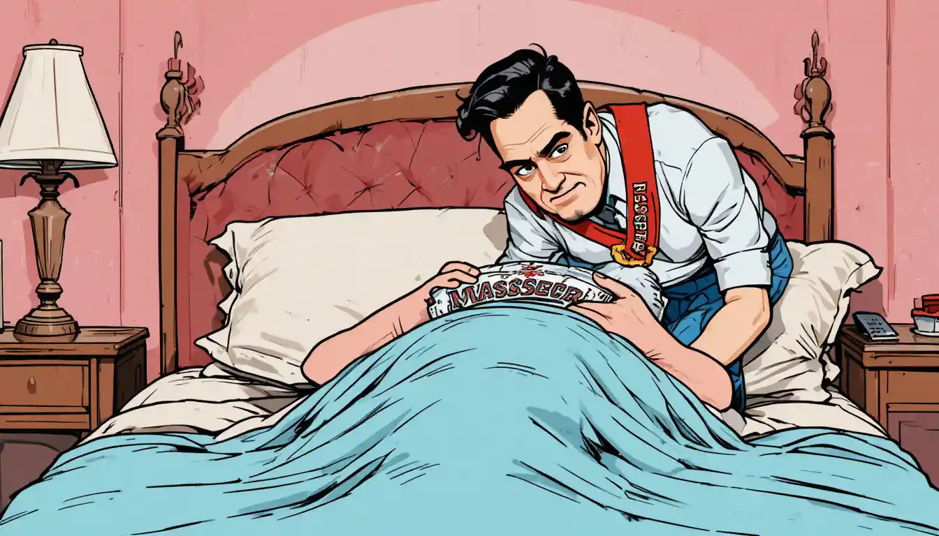Masajista de caricatura inclinado sobre hombre en la cama del dormitorio