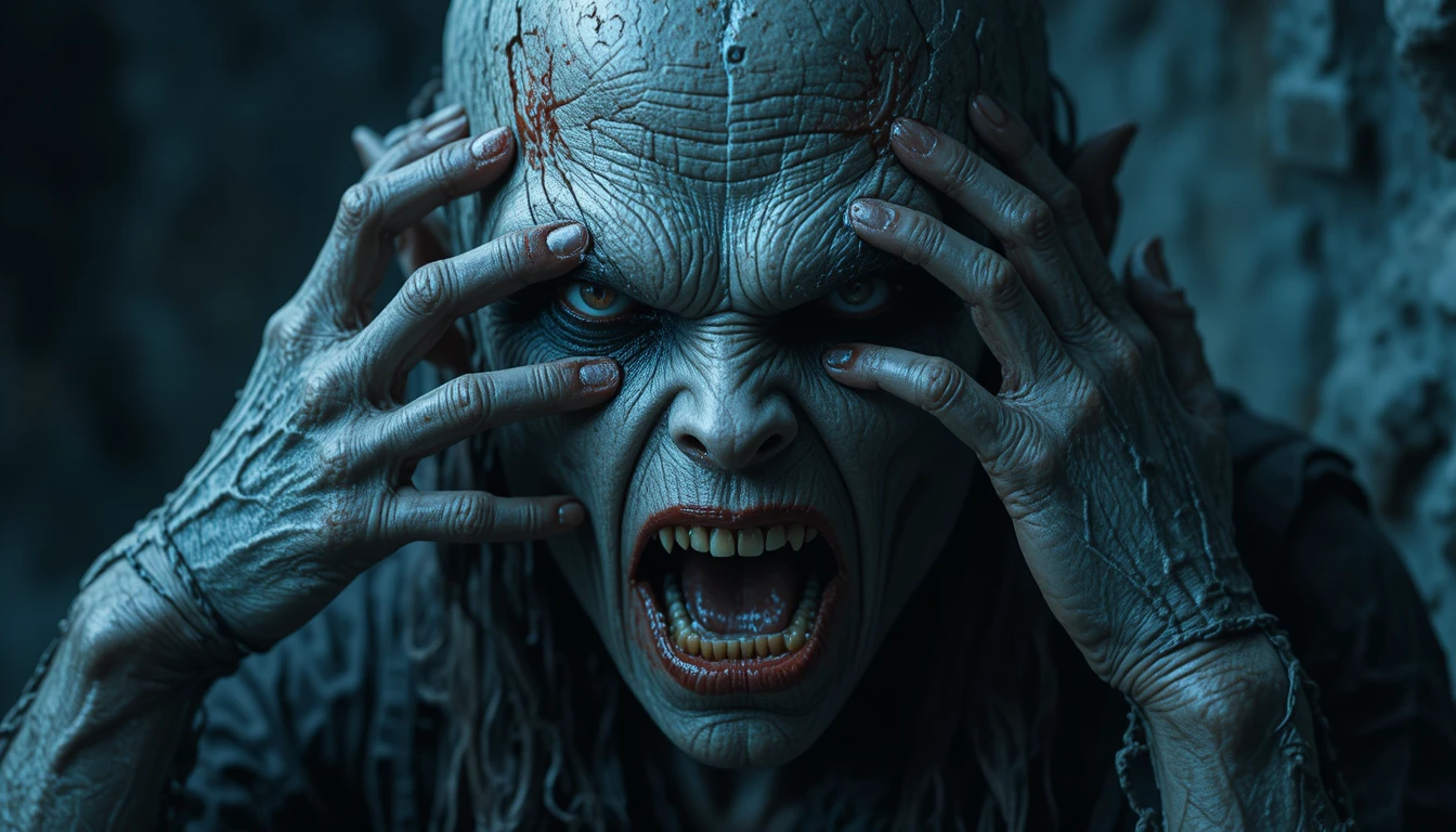 Ancient undead creature screaming from a dark rocky crevice