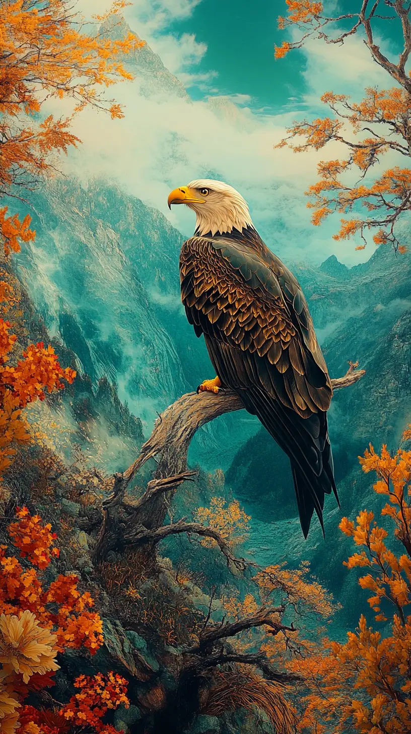 Bald eagle on fence overlooking misty valley and lake