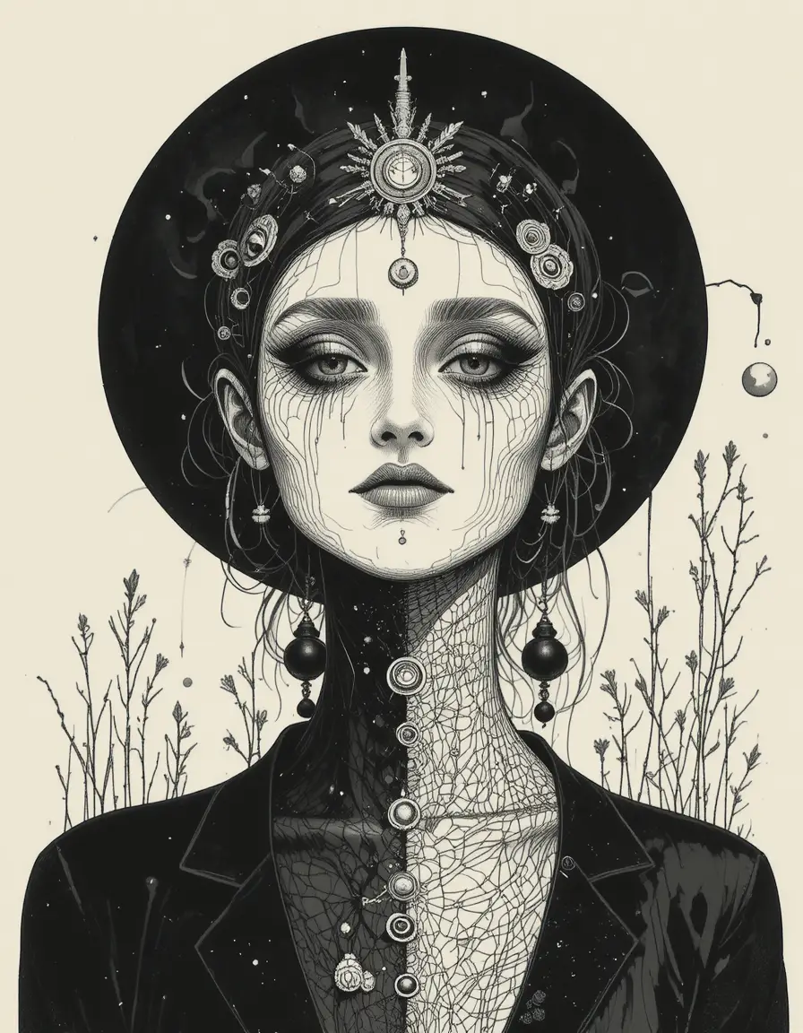 Surreal monochrome human figure in flat symbolic illustration