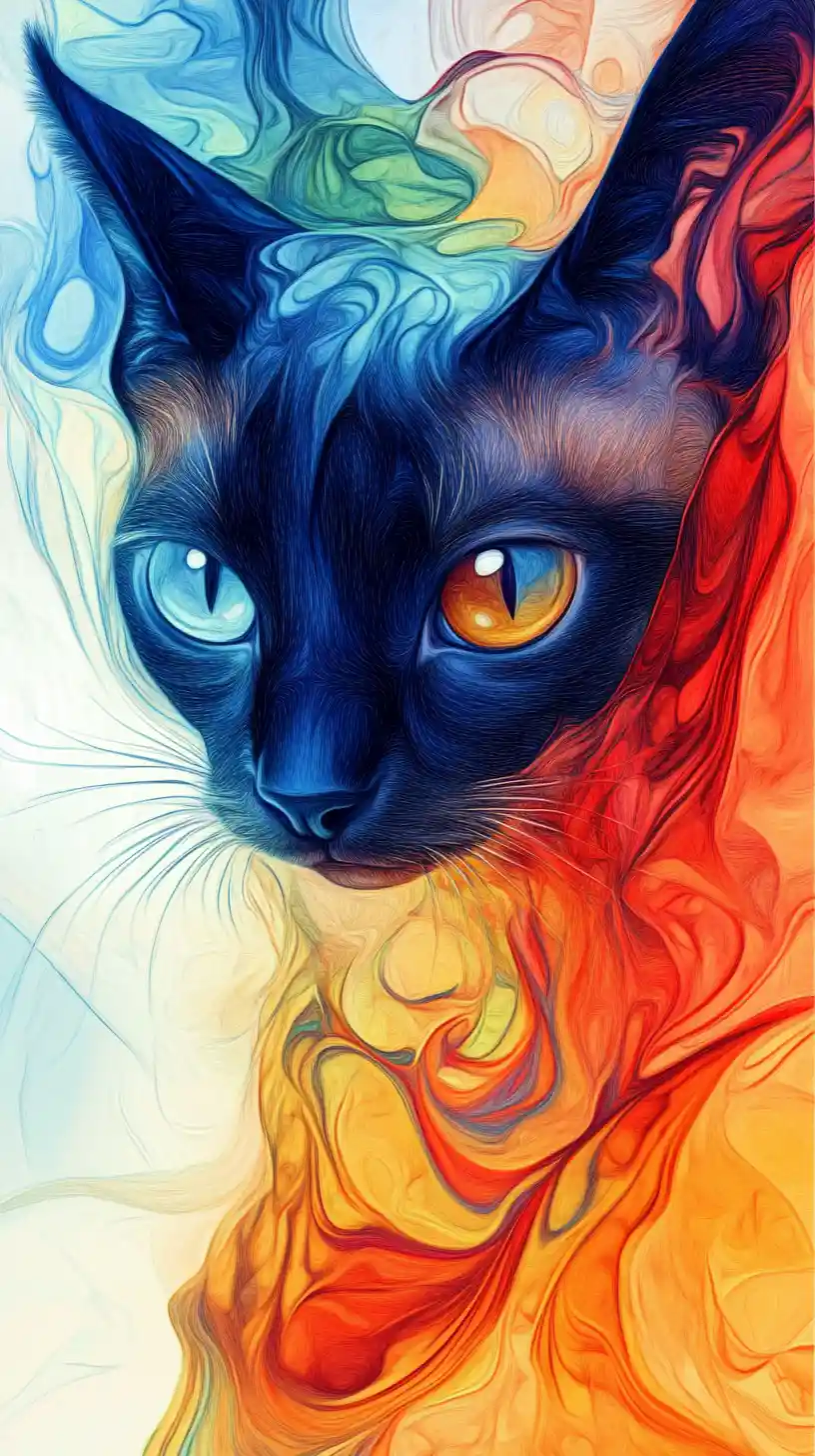 Chat siamois esquissé sous des tourbillons colorés d’encre suminagashi