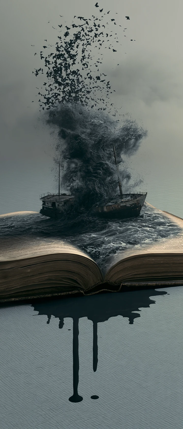 Open book revealing a surreal ocean storm and rising moths