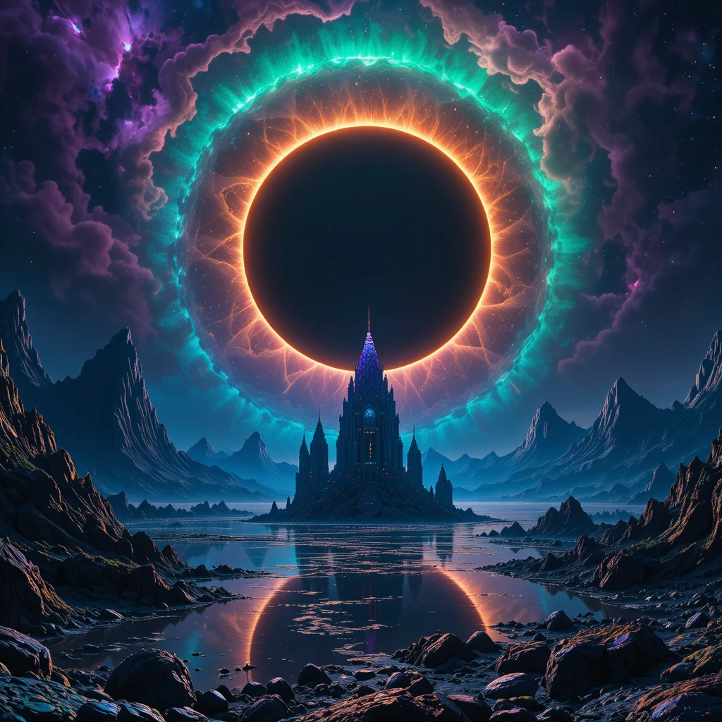Neon eclipse over alien mountains and reflective cosmic landscape