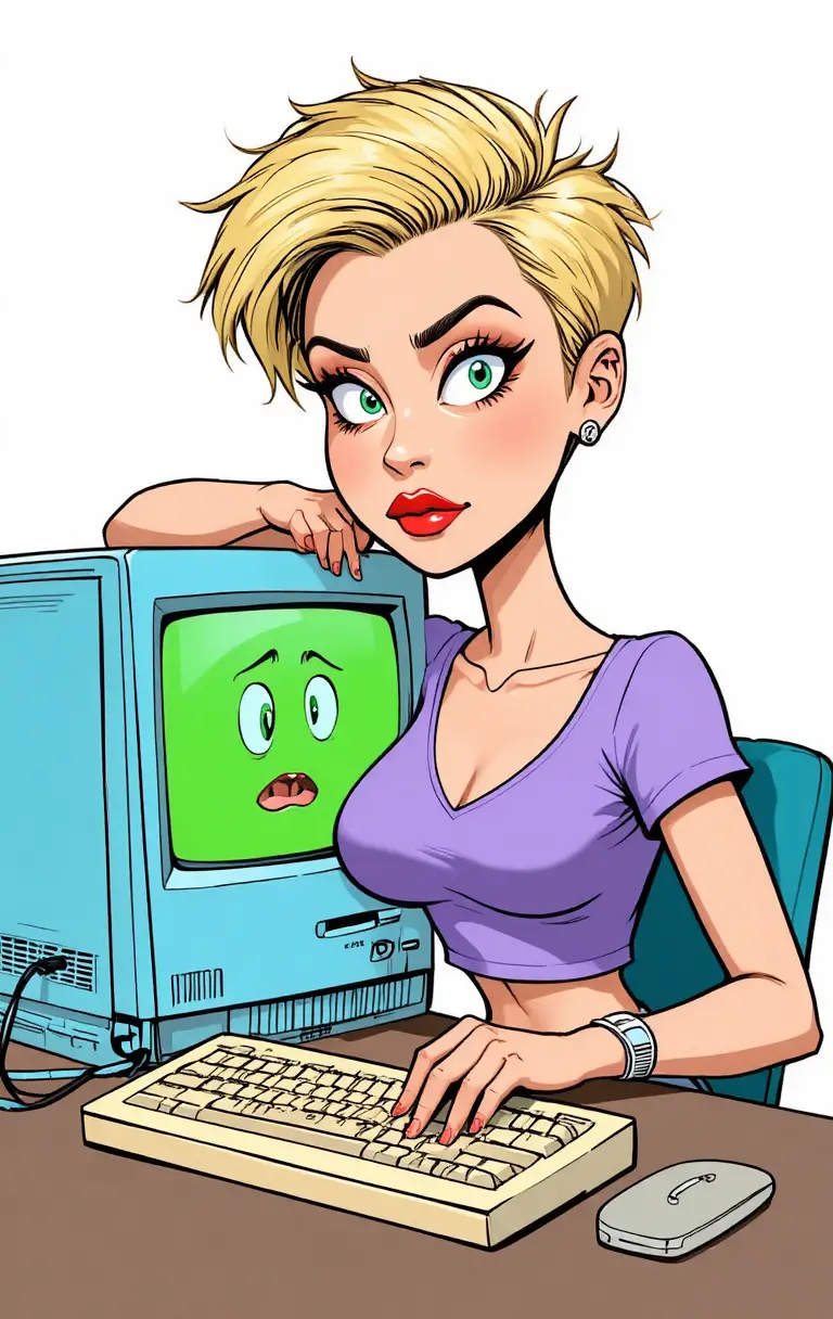 Cartoon girl at retro computer with worried screen face