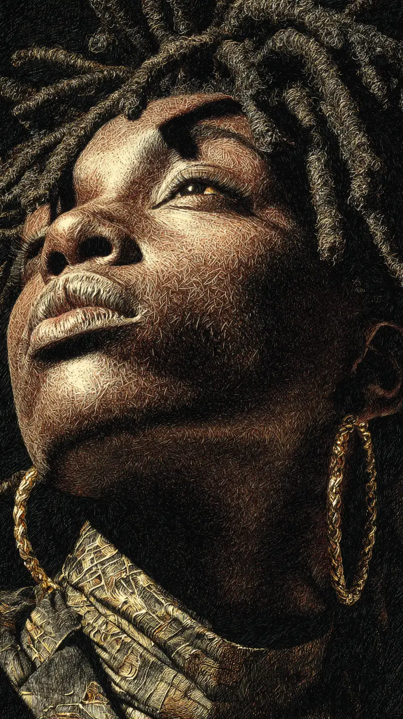 Profile portrait of a young Black woman in colored pencil