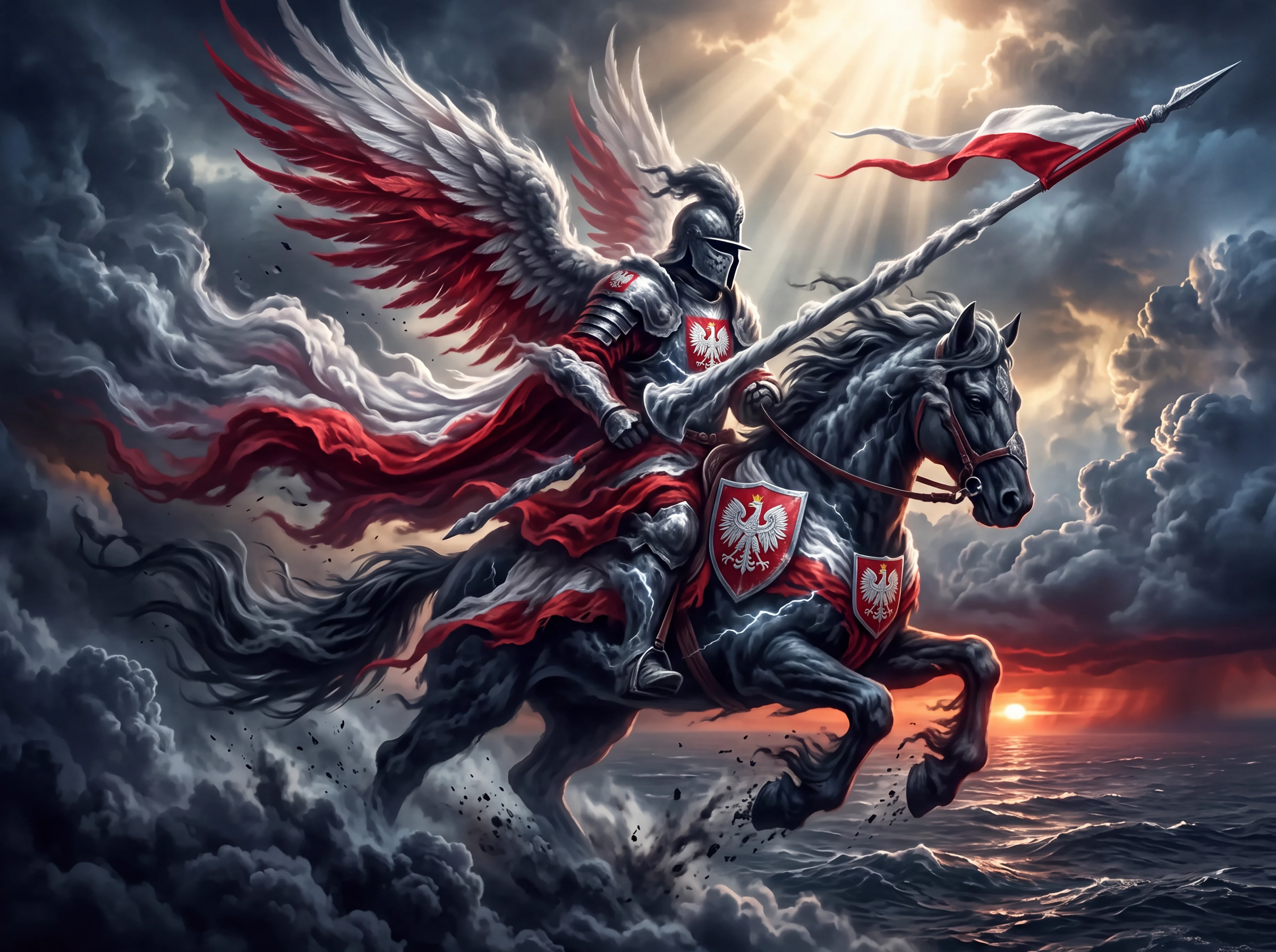 Colossal winged hussar knight of storm clouds and light