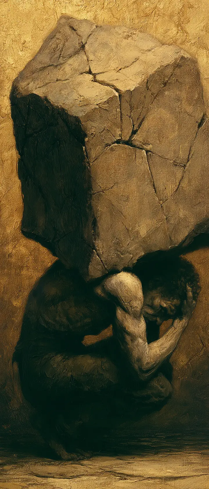 Weary man crouched under a massive cracked stone burden