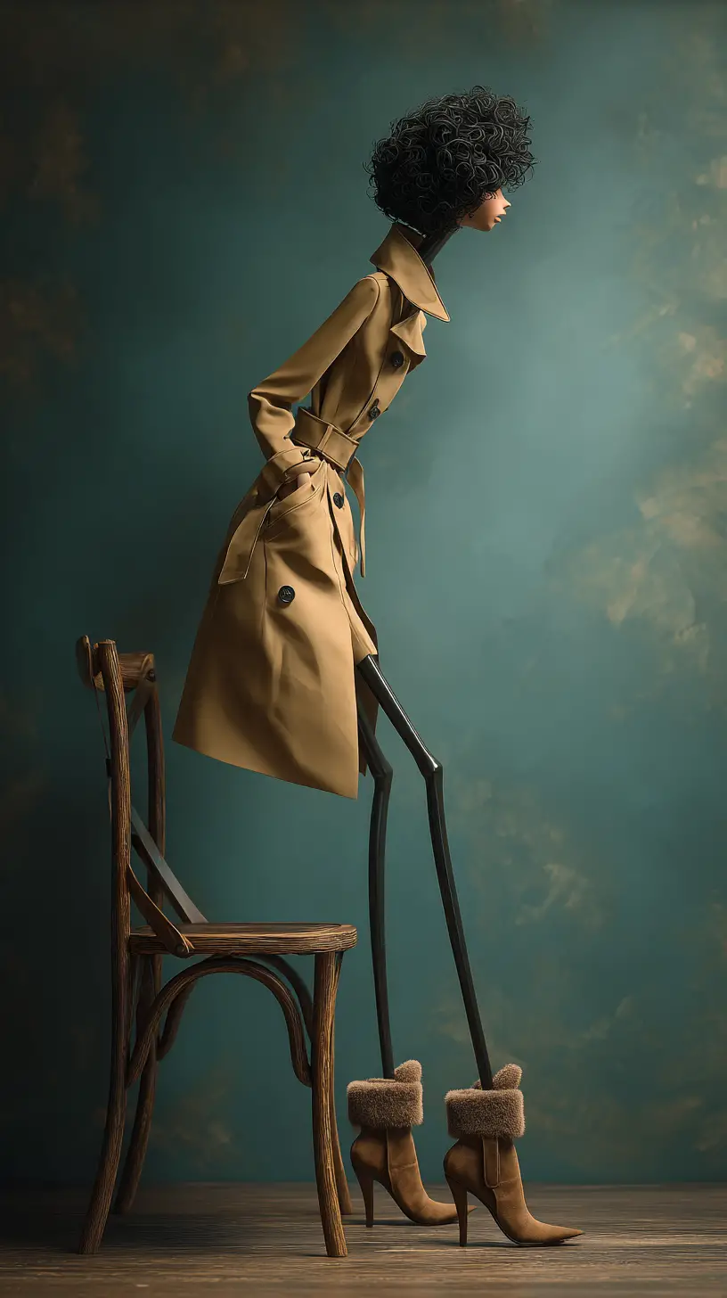 Tall woman in trench coat adjusting boot on bistro chair