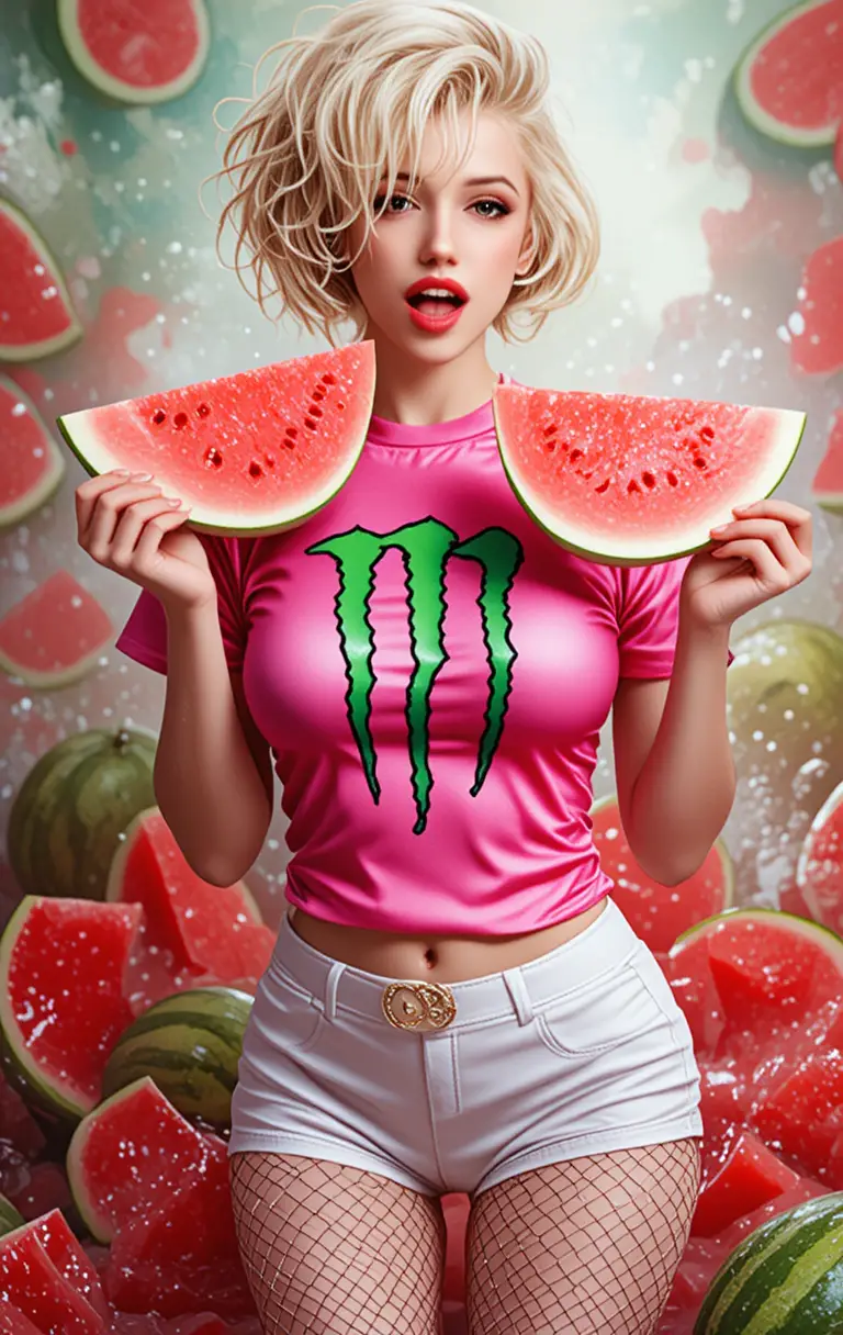 Blonde woman with watermelon in vibrant fantasy scene