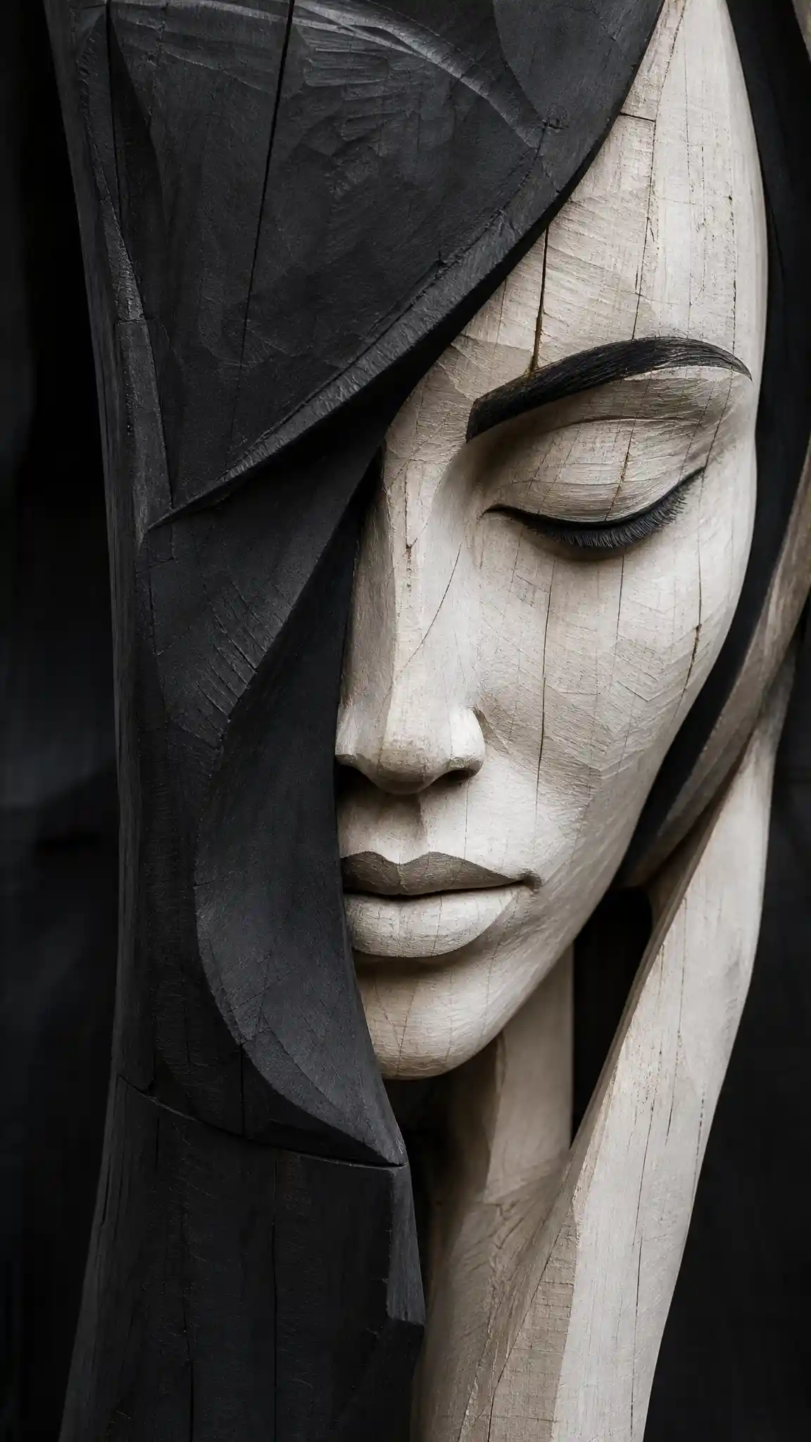 Black and white close up of carved wooden female face sculpture
