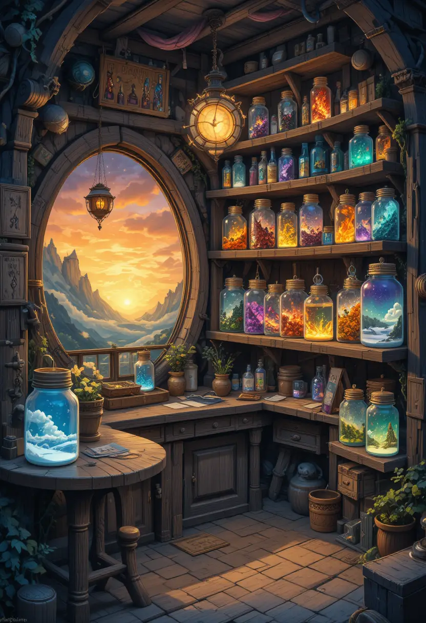 Tiny Fantasy Weather Shop With Glowing Glass Jars