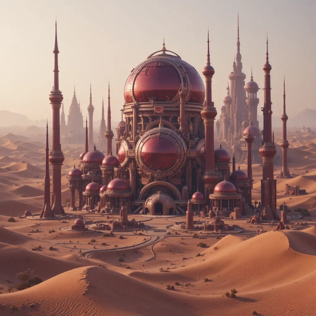 Futuristic desert city with ruby spheres among golden dunes