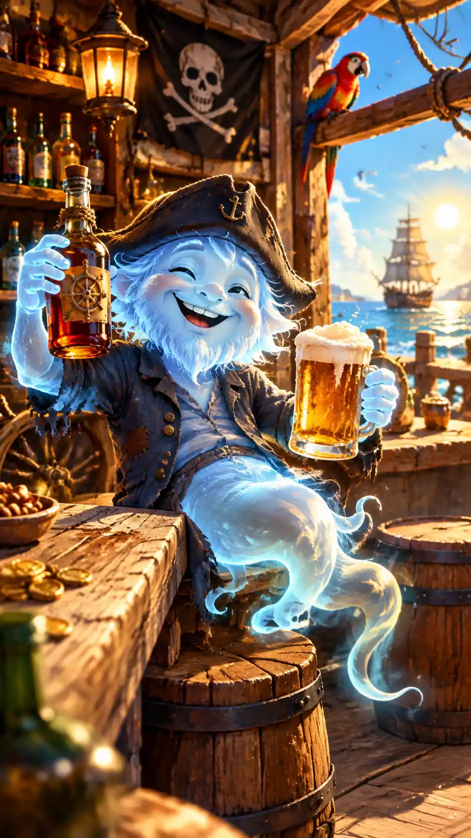 Fantasma alegre bebiendo ron en un soleado bar pirata