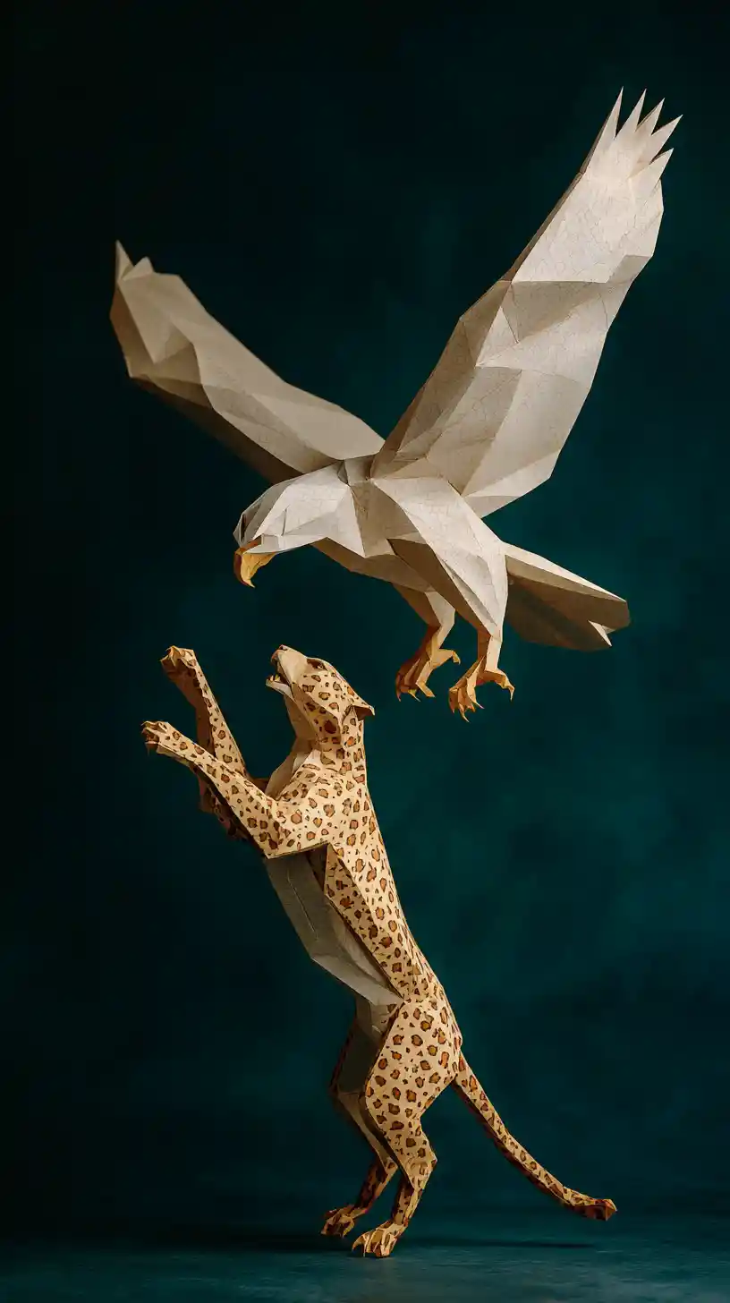 Origami eagle and cheetah clash in mid air