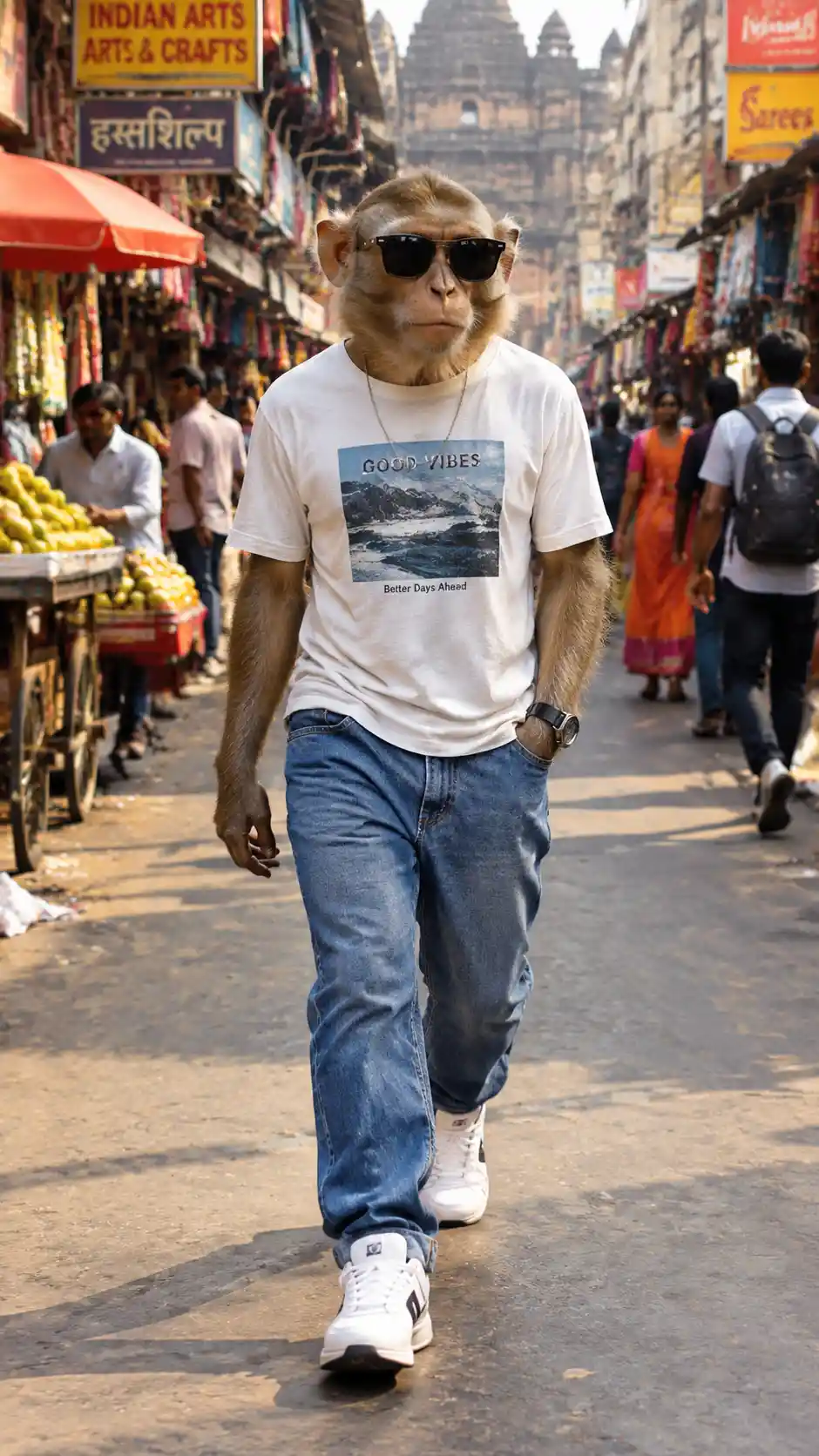 Stylish monkey walking confidently through Indian street market