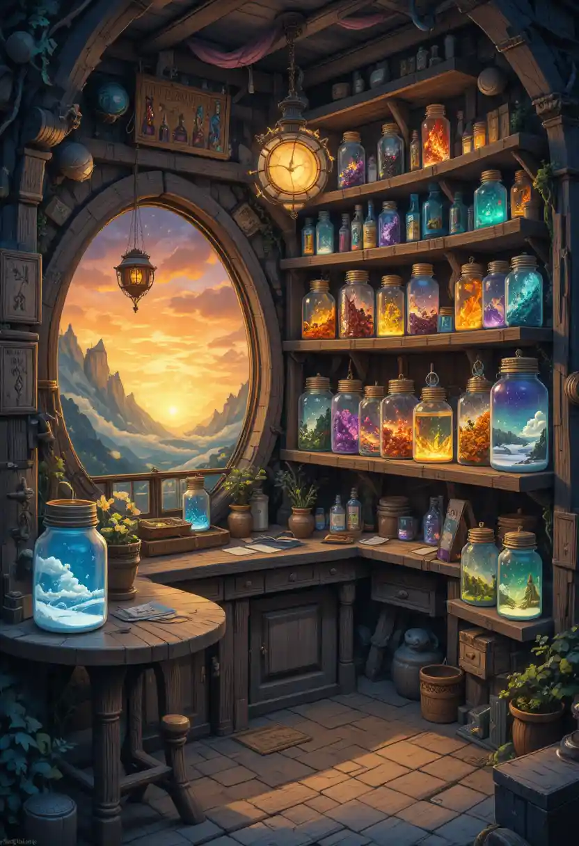 Tiny Fantasy Weather Shop With Glowing Glass Jars