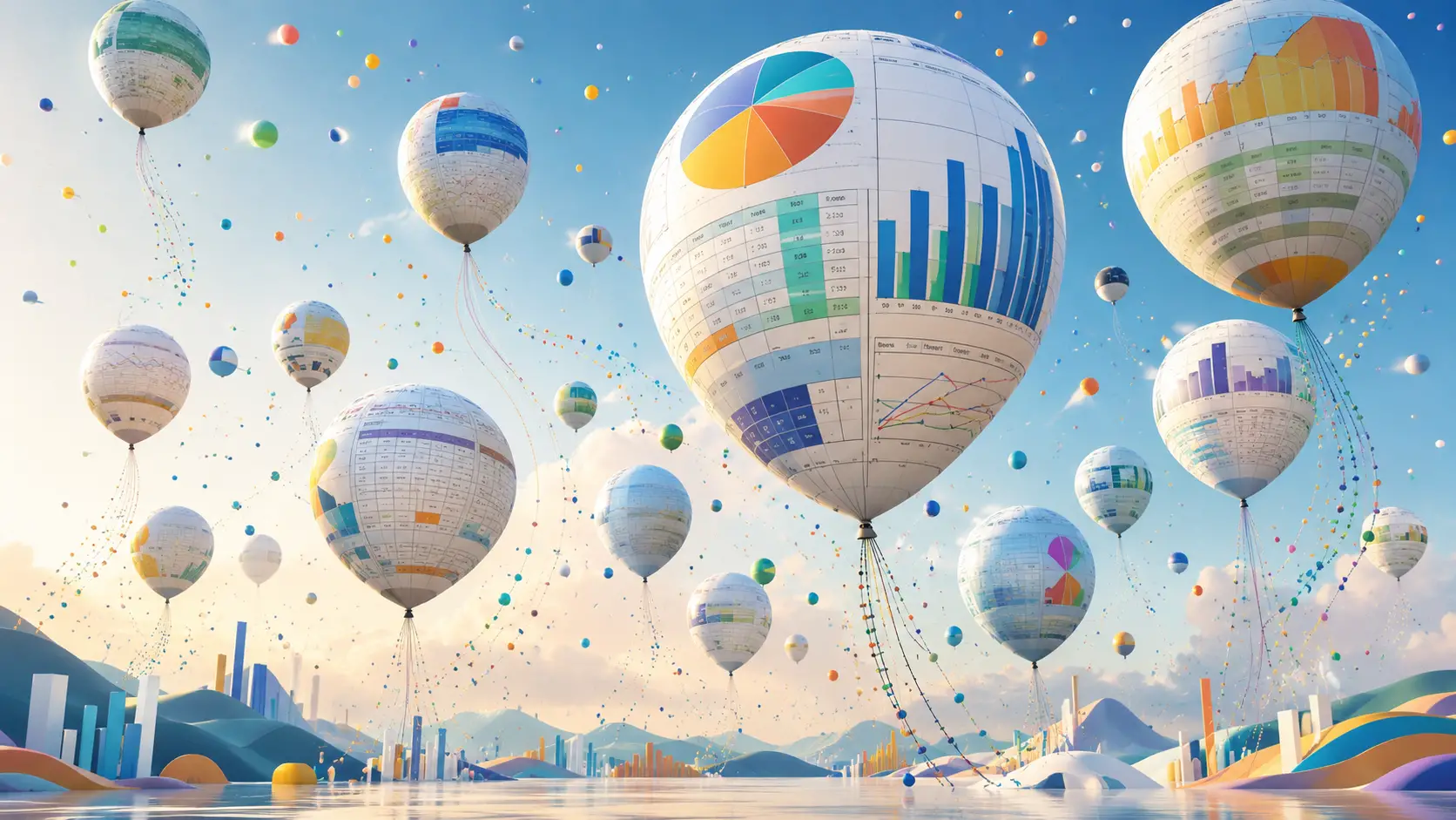 Floating data balloons over an abstract summer landscape