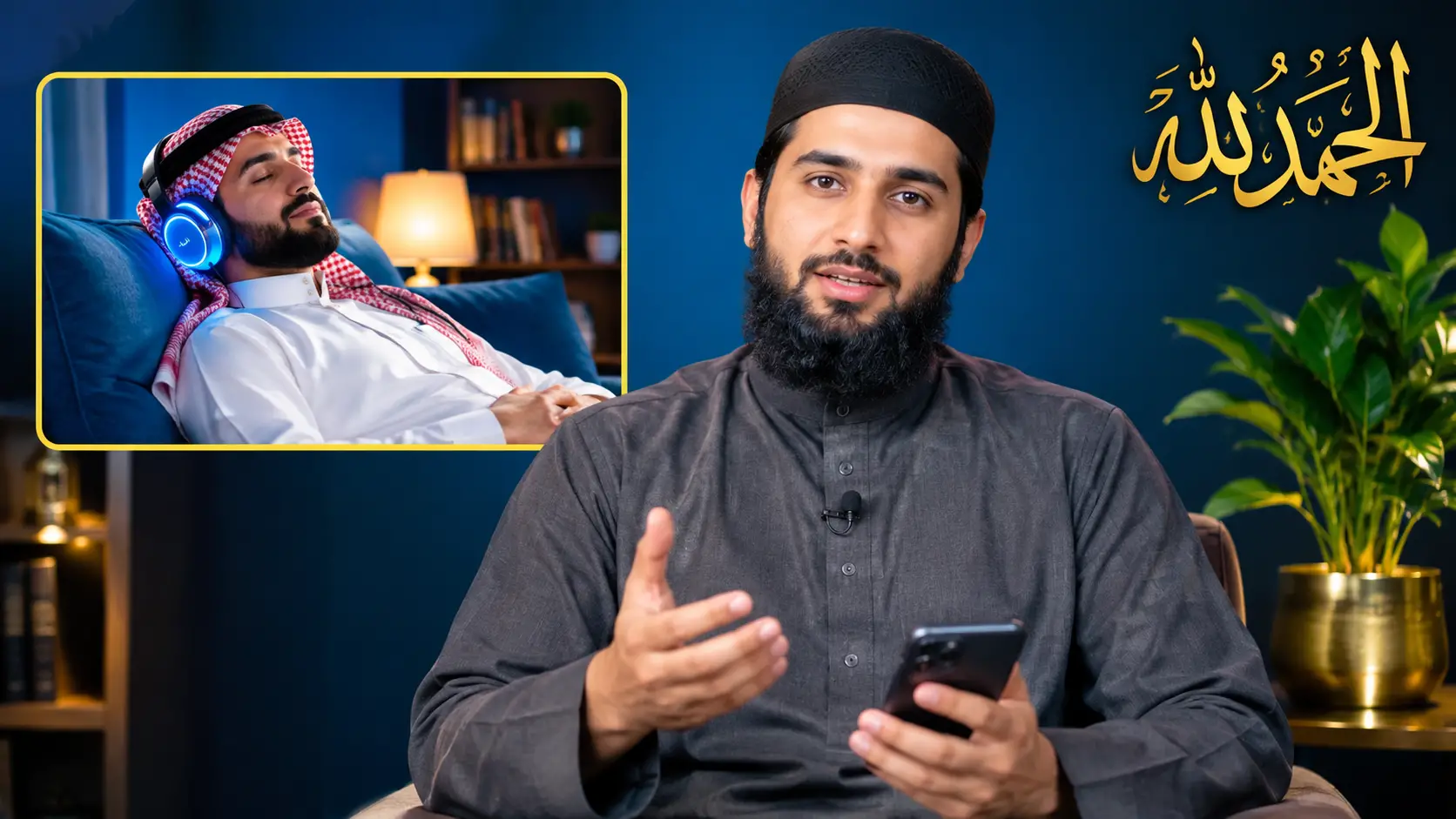 Muslim man talking with smartphone beside Quran listening scene