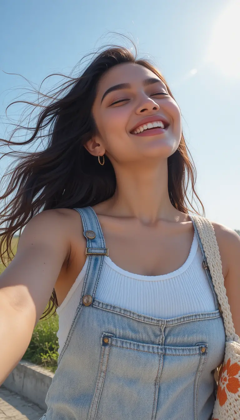 Smiling young woman taking a sunny outdoor selfie