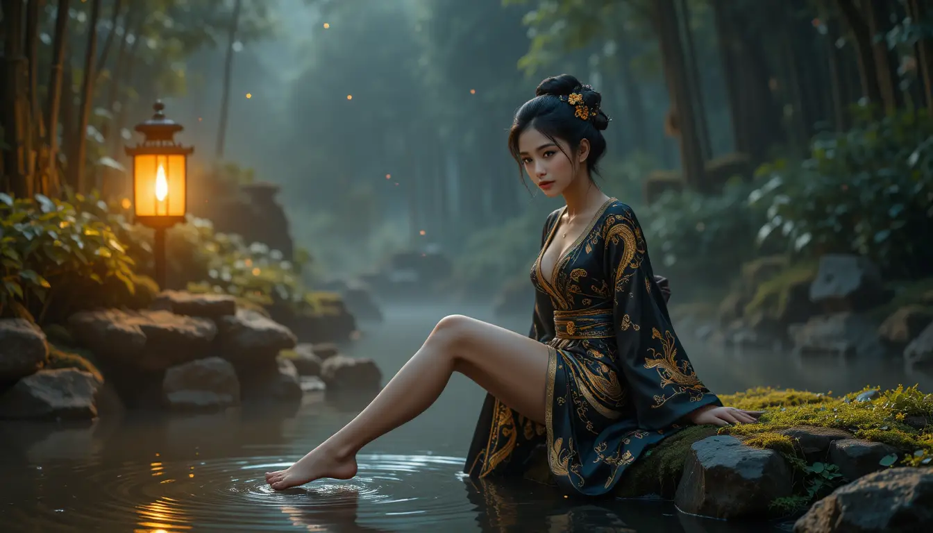 Mystical woman by a forest pond with lantern light