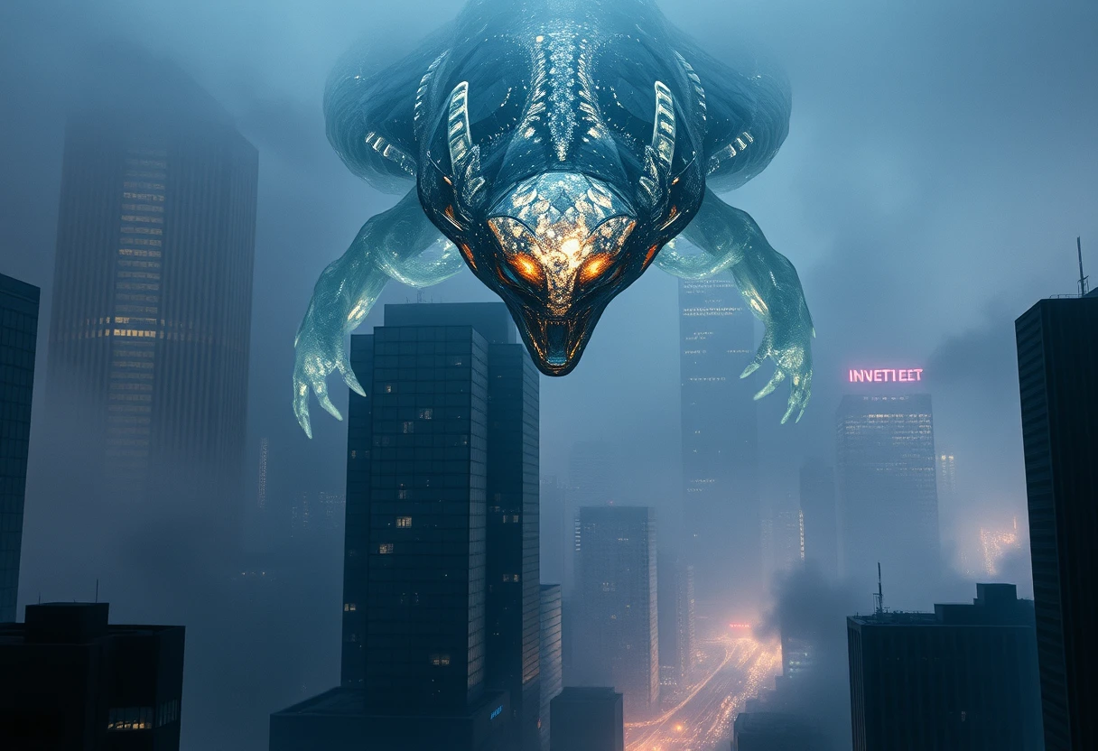 Colossal Alien Descends Over Foggy Sleeping Cityscape