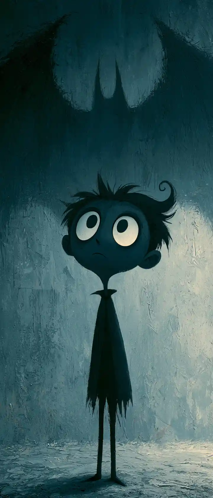 Thin anime vampire casting a towering bat shadow