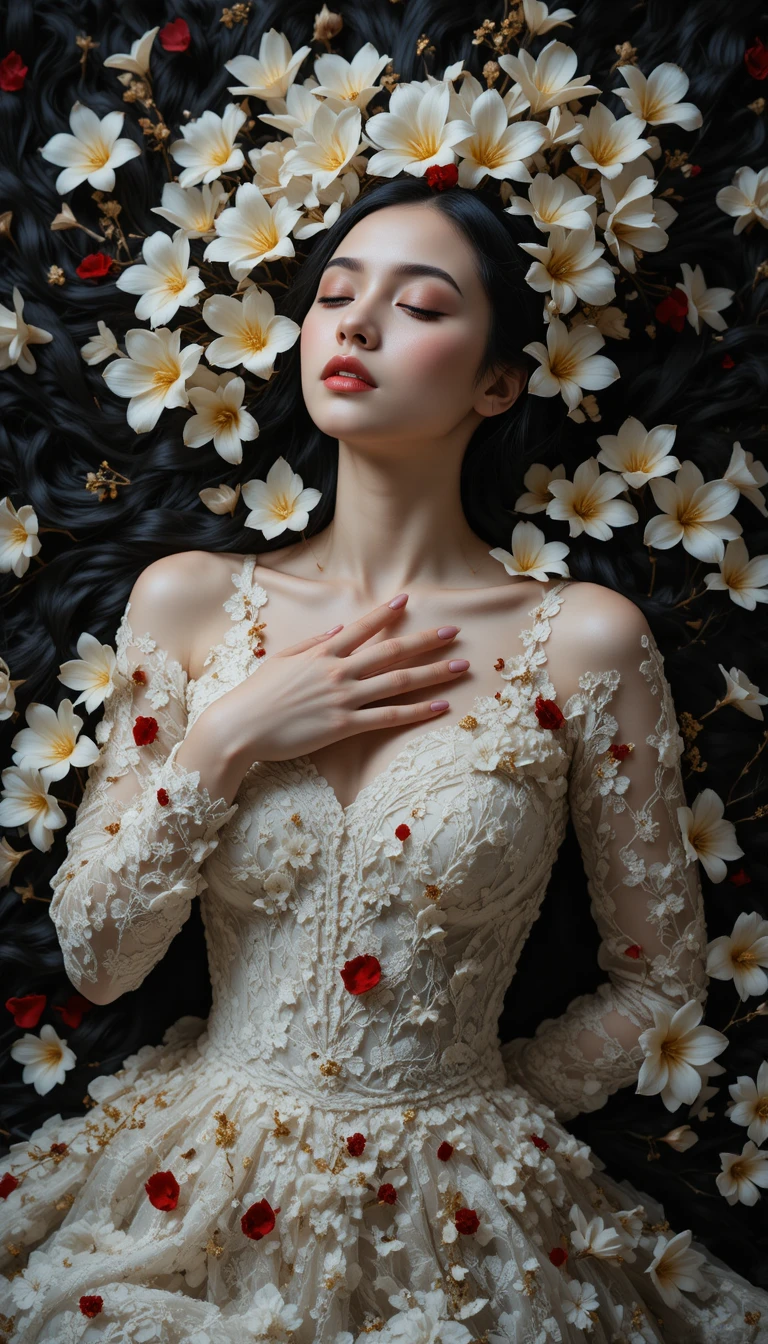 Pale woman in white lace amid falling white flowers