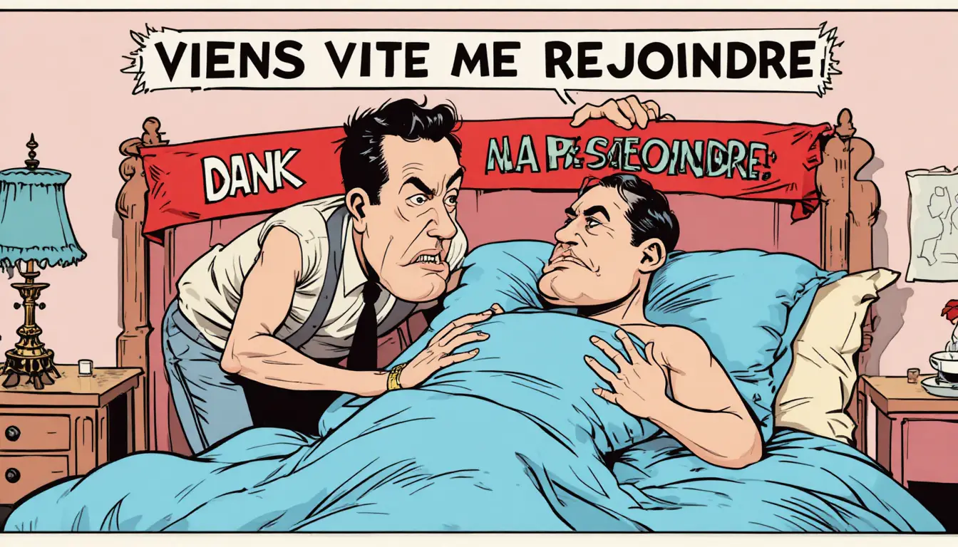 Cartoon masseur leaning over man in bed with banner