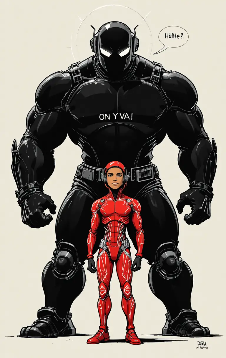 Smirking tech hero controlling a looming robotic giant