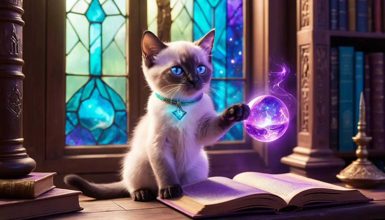Siamese wizard kitten casting purple magic in library