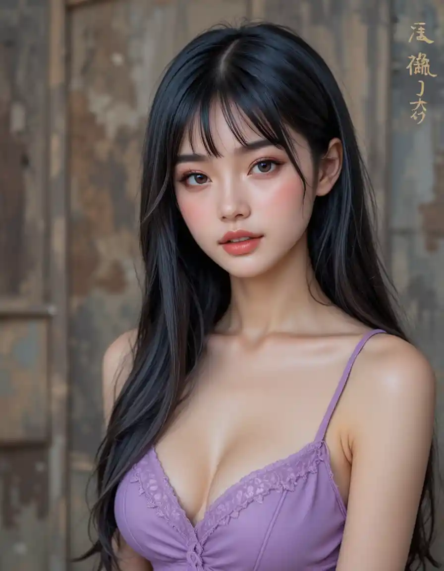 긴 검은 머리와 보랏빛 눈을 가진 우아한 젊은 여성