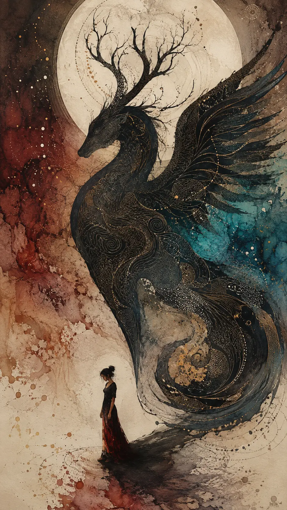 Woman beneath a vast moon with a mythical animal shadow