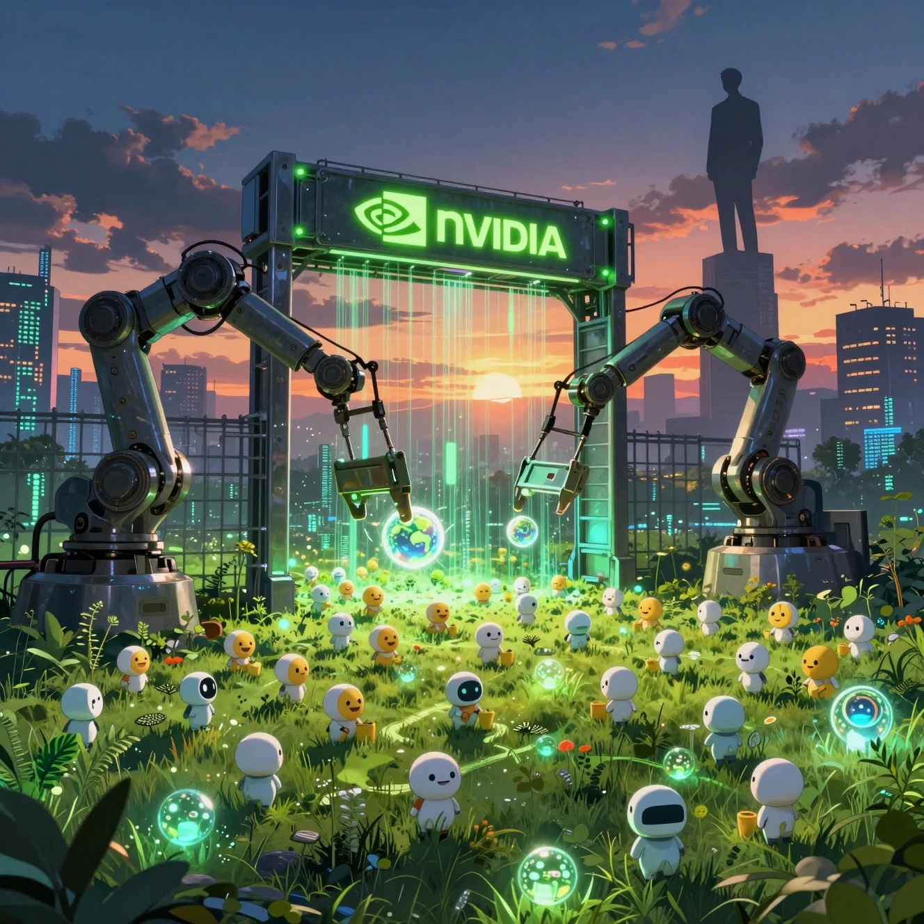 Anime robots in a fenced digital farm at neon sunset