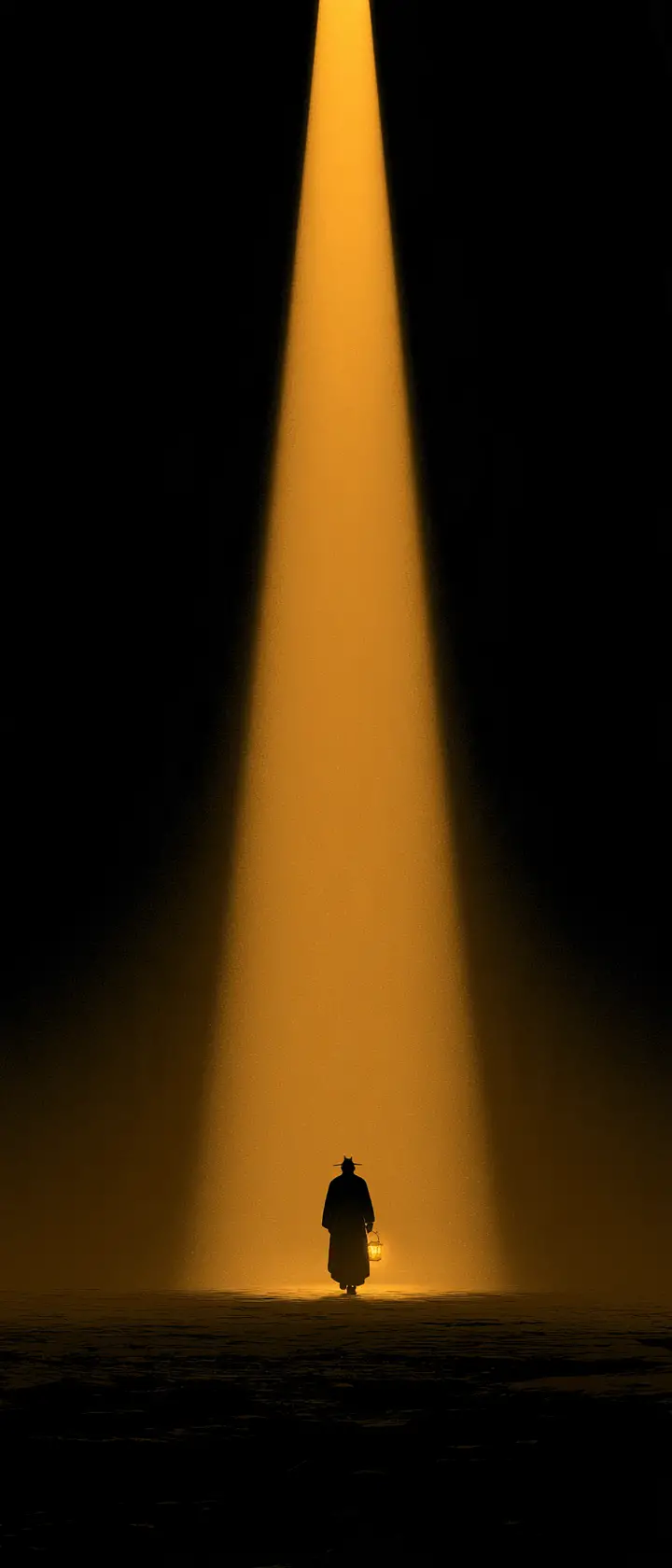 Lone samurai walking through darkness in lantern light