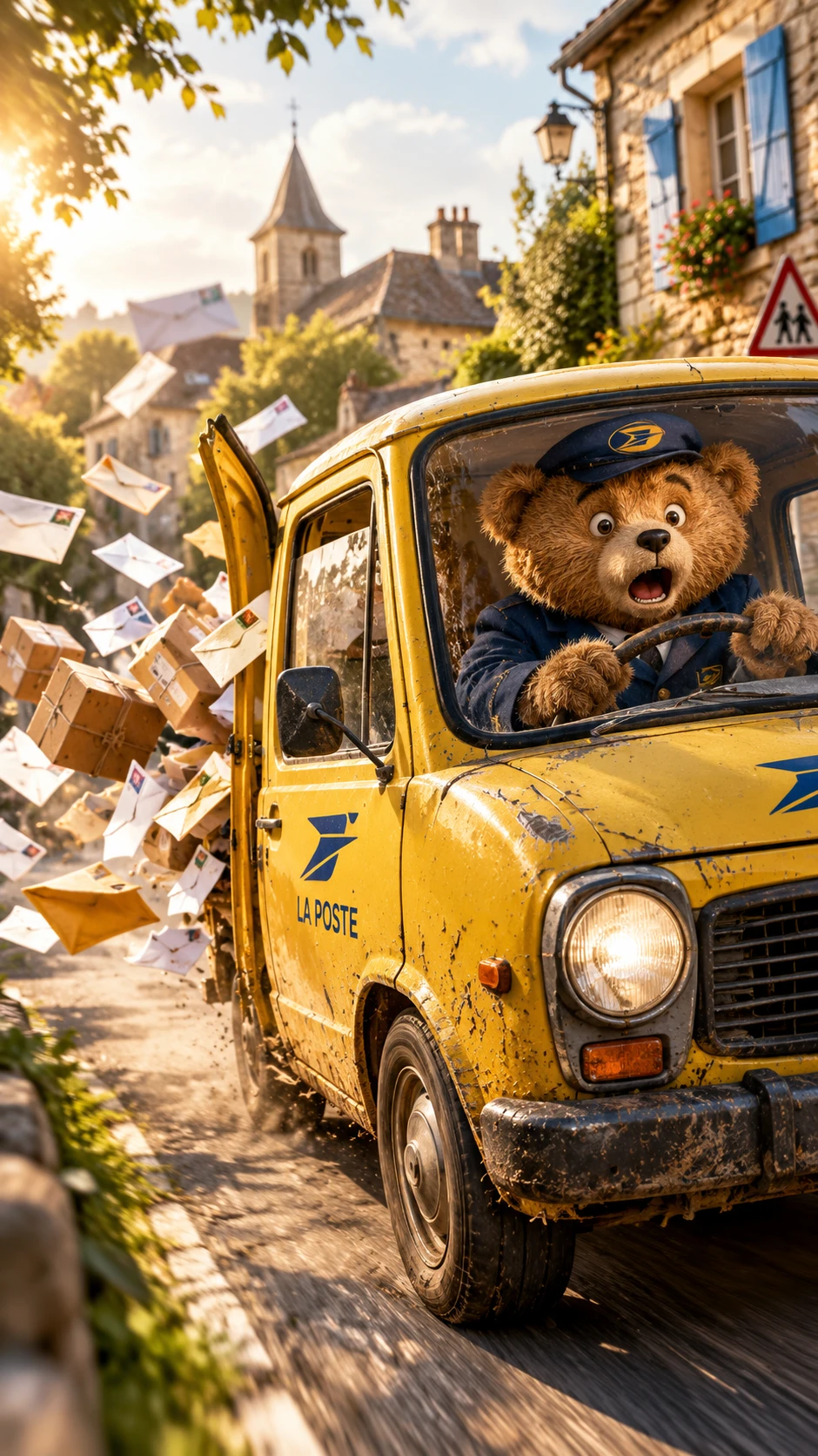 Surprised teddy bear mailman racing through French village
