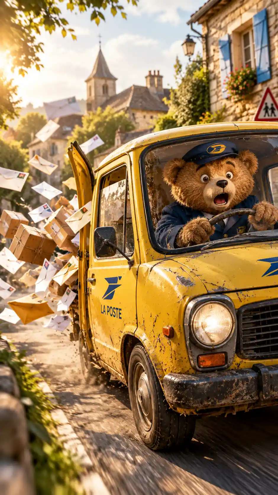 Surprised teddy bear mailman racing through French village
