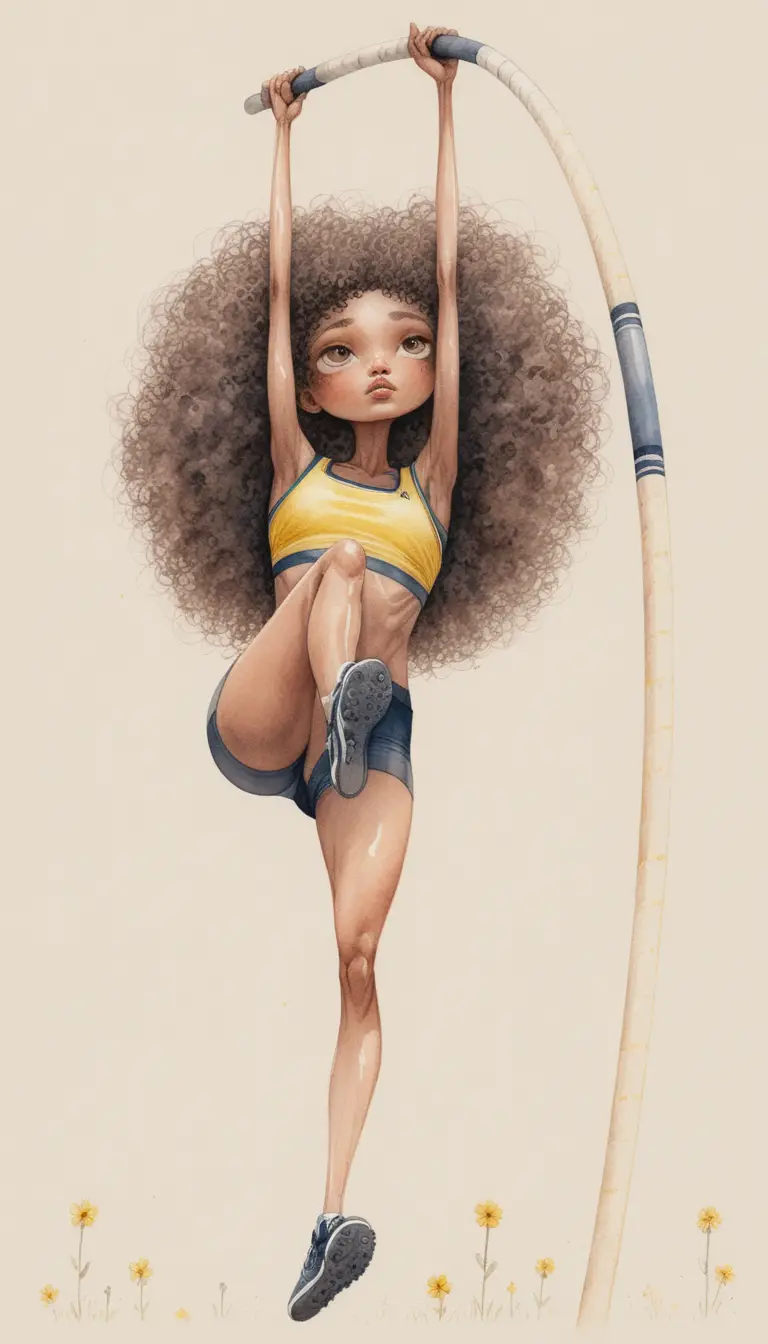 Stylized woman pole vaulter in midair front view illustration