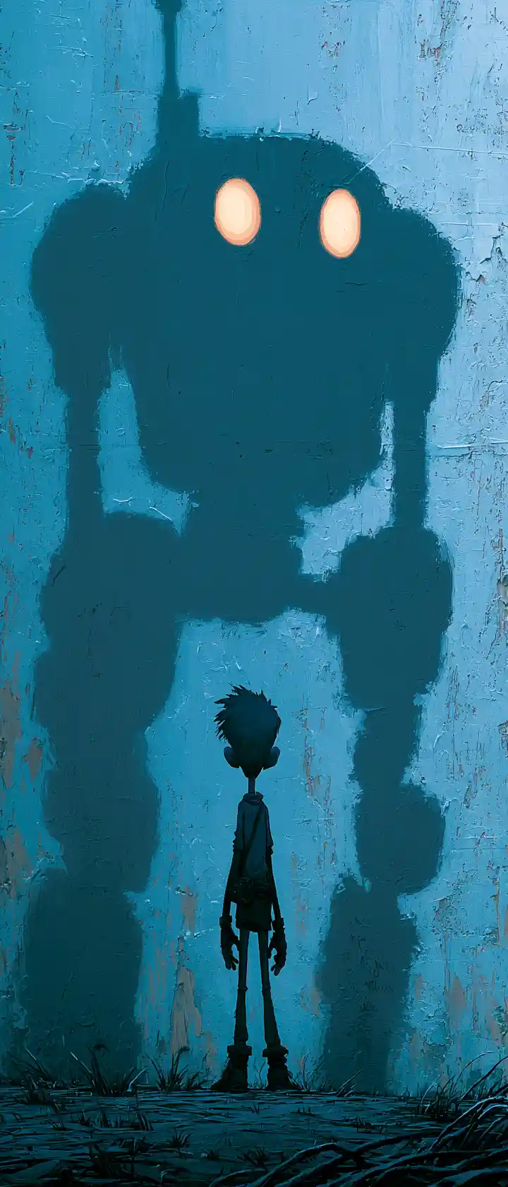 Anime pilot silhouette with giant mecha shadow on wall