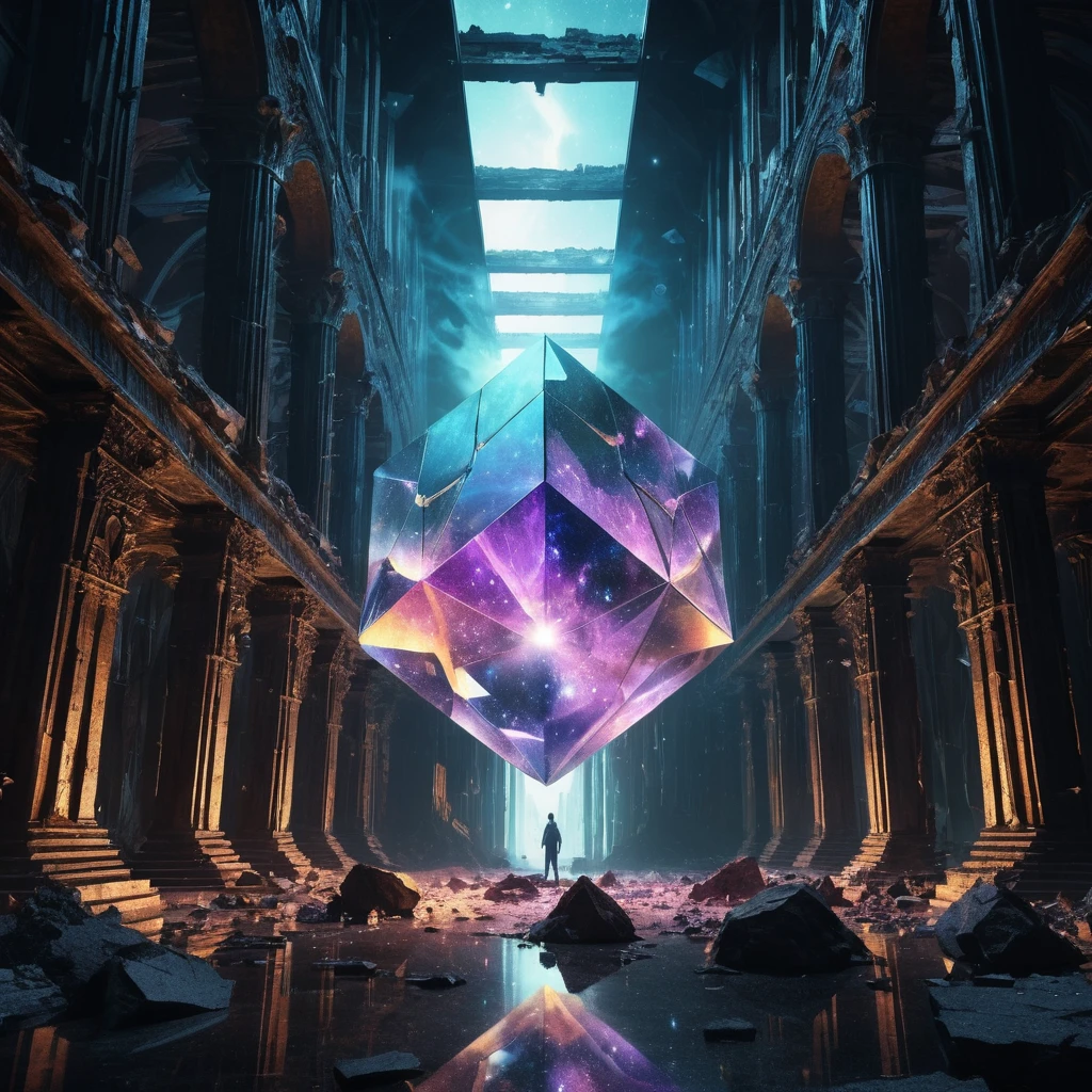 Colossal tesseract prism glowing in a dark cosmic void